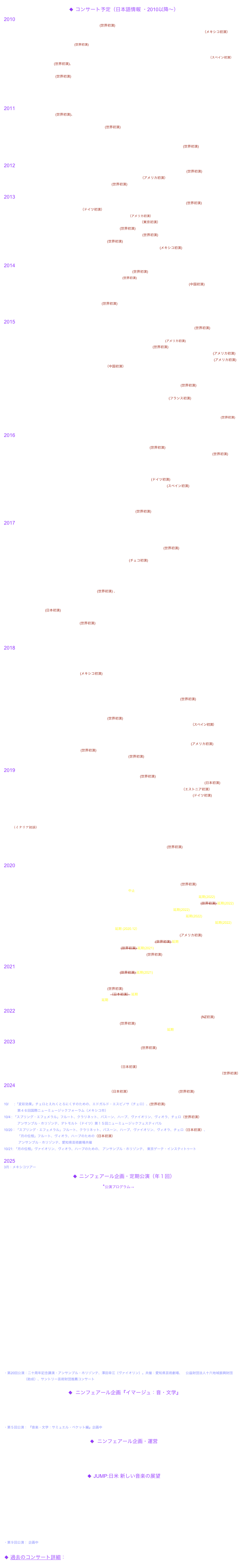 ◆ コンサート予定（日本語情報 ・2010以降〜）
2010
2/26~3/9: 「もうひとつの声」（アンサンブルの為の）世界初演 (世界初演)、オニックス・アンサンブルコンサート（メキシコ国立自治大学（UNAM））、  　　
　　　 *国際交流基金助成、メキシコ文化センター助成  「時の砂」（ライブ映像版）再演：アレハンドロ・エスクエル（フルート）（メキシコ初演）
　　　 メキシコ国立芸術センター音楽学校(ESM、メキシコ市)、メキシコ国立音響センター(CMMAS、モレリア市), ミランダカトリック大学（メキシコ）
5/29:  「空間透明度 I」（打楽器の為の）世界初演 (世界初演)、ニンフェアール第６回公演「ACTIONS」、加藤訓子（打楽器） *名古屋市港文化小劇場芸術公演
7/14:  「生生流転」再演、第１７回「愛知県舞台技術者セミナー」、愛知県芸術劇場大ホール
7/24:  「見えない環」再演（アルトサクソフォンとエレクトロニクス）、SMC2010（バルセロナ、スペイン）、ビクトール・ベハール（サックス）（スペイン初演）
7/28:   「空間透明度II」世界初演 (世界初演)、大矢素子・オンド・マルトノリサイタル（東京オペラシテイ）
10/2:   「生生流転」中村華子（笙）再演、アシア音楽祭2010 in 東京 （東京芸術大学第６ホール）
10/31: 「浮遊する記憶」世界初演 (世界初演)加藤訓子（打楽器）とモブセス P.（ヴァイオリン）公演、（Zipper Hall, ロサンゼルス）
11/5:   「浮遊する記憶」再演加藤訓子（打楽器）とモブセス P.（ヴァイオリン）公演、（宗治ホール、名古屋）
11/11: 「浮遊する記憶」再演加藤訓子（打楽器）とモブセス P.（ヴァイオリン）公演、（BankART Studio NYK, 横浜）
11/25: 「色ならざる色」再演、Media Project Vol.9 、朝川万里（ピアノ）（すみだトリフォニーホール、東京）

2011
1/31:   「ホワイト・スパイラル」 (世界初演)、「色ならざる色」再演、ソノリウム「映像と音楽2011共催シリーズ／ニンフェアール第７回公演「笙と
　　　ピアノ・映像の融合」、中村華子（笙）と朝川万里（ピアノ）（Sonorium, 東京）
3/18:  「月の位相」フルート、ヴィオラ、ハープの為の　世界初演 (世界初演)（ケルン・ベルギー会館、ドイツ）
5/23:  「生生流転」再演、東京（杉並公会堂）首藤久美子（薩摩琵琶）
11/25: 「空間透明度II」再演、ナタリー・フォルゲ（オンド・マルトノ）（イギリス）
11/29: 「プロメテウスの光」オンド・マルトノ、クラリネット、ギターとエレクトロニクス、ダンスコラボ　世界初演 (世界初演)
　　　（愛知芸術文化センター小ホール）市橋若菜（オンド・マルトノ）、佐藤紀雄（ギター）、大和田智彦（クラリネット）

2012
3/11:  「宙の響 」ヴァイオリン、ヴィオラ、チェロとライブエレクトロニクスの為の（愛知芸術文化センター小ホール） (世界初演)　 アンサンブルノマド
3/12:  「時の砂」バスフルートのための（Tank, NYC）カミーラ・ホイテンガ（フルート）（アメリカ初演）
7/7:    「ベテルギウスの為に」笙、篳篥、龍笛（宗次ホール、名古屋） (世界初演)　中村華子（笙）, 中村仁美（篳篥）、笹本武志（龍笛）

2013
2/27:  「幻影」(2012) フルート、クラリネット、トロンボーン、ヴィオラ、チェロ （ベルリン、ベルリン日独センター）(世界初演)　
　　   「ダーウィンの夢」クラ　リネットとチェロ（ドイツ初演） アンサンブル・ユナイテッドベルリン 
3/8: 　「ベテルギウスの為に」(2012) 笙、篳篥、龍笛（ミラーシアター、ニューヨーク）（アメリカ初演） 宮田まゆみ（笙）、中村仁美（篳篥）、笹本武志（龍笛）
5/11 :  「プロメテウスの光」から 「発火点」(2011) （東京、渋谷公園通りクラシックス）（東京初演） 佐藤紀雄（ギター）
6/8:     「理想卿」(2013) フルートとエレクトロニクス（メキシコ, CMMAS）(世界初演)　ギジェルモ・ポルティージョ（フルート）
10/5:   「新しい歌」(2013) ソプラノとエレクトロニクス（名古屋、名古屋音楽学校ホール）(世界初演)　森川栄子（ソプラノ）
10/17: 「枯凋の美(2)」(2013) ヴィオラソロ（名古屋、宗次ホール） (世界初演)　クリストフ・デジャルダン（ヴィオラ）
10/23 : 「プロメテウスの光」から 「発火点」(2011)（メキシコ、モレリア市、Visiones Sonoras 2013) (メキシコ初演) 佐藤紀雄（ギター）
10/27 : 「プロメテウスの光」から 「発火点」(2011)（メキシコ、メキシコ市、Visiones Sonoras 2013, MUAC) 佐藤紀雄（ギター）

2014
1/29 : 「不滅の光」(2013) 笙とエレクトロニクス（千葉、市川市文化会館小ホール） (世界初演)  中村華子（笙）
3/16 : 「枯凋の美（３）」(2014) 尺八、三絃、チェロ（ニューヨーク天理文化会館） (世界初演) 木村陽子（三絃）、ジェームス・シュレファー（尺八）、玉木光（チェロ）
4/28 : 「もうひとつの声」フルート、クラリネット、ヴァイオリン、チェロ、ピアノとエレクトロニクス（四川音楽学院） (中国初演)  アンサンブル・ノマド
6.27：「月の位相」フルート、ヴィオラ、ハープ（デトモルト、ドイツ）アンサンブル・ホリゾンテ
6.28：「月の位相」（ビーレフェルト、ドイツ）アンサンブル・ホリゾンテ
7/20：「絃の独白」(2014)　ギターと箏（名古屋、宗次ホール） (世界初演)　佐藤紀雄（ギター）、木村麻耶（２５絃箏）
7/27：「不滅の光」(2014)　笙とエレクトロニクス（東京、玉川学園チャペル） 中村華子（笙）

2015
1/12 : 「空蝉」(2014) クラリネットとピアノ（東京、スタジオDO）トマス・ピアシー（クラリネット）、佐藤祐介（ピアノ） (世界初演)　
1/20 : 「絃の独白」(2014)ギターと箏（東京、近江楽堂）佐藤紀雄（ギター）、木村麻耶（25絃箏）
1/29：「浮遊する記憶』(2010)　ヴァイオリンとマリンバ（ピーター・ジェイシャープ・シアター、ニューヨーク） (アメリカ初演)
2/8：  「夢想の坂」(2015)　アルトサックスの為の（名古屋、5/R Hall )　所克頼（サクソフォン） (世界初演)
3/14 :  「ホワイト・スパイラル」(2011)　笙とピアノ（ニューヨーク、天理文化会館）中村華子（笙）、ブレア・マックミレン（ピアノ） (アメリカ初演)
4/19 :  「空蝉」(2014) クラリネットとピアノ（ニューヨーク、天理文化会館）　トマス・ピアシー（クラリネット）、木川貴幸（ピアノ） (アメリカ初演)
4/29 :  「不滅の光」(2013) 笙とエレクトロニクス（四川音楽学院）（中国初演） 中村華子（笙）
5/24：「見えない環」(2007)　アルトサックスとエレクトロニクス（ひとみホール、名古屋）所克頼（サクソフォン）
6/2:     「もうひとつの声」 フルート、クラリネット、ヴァイオリン、チェロ、ピアノとエレクトロニクス（メキシコ）オニックス・アンサンブル
6/21： 「The Other Side」(2015) エレキギターとエレクトロニクス（名古屋、5/R Hall )　佐藤紀雄（エレキギター） (世界初演)
10/7:   「もうひとつの声」 フルート、クラリネット、ヴァイオリン、チェロ、ピアノとエレクトロニクス（モレリア市、メキシコ）オニックス・アンサンブル
10/21: 「月の位相」フルート、ヴィオラ、ハープ（パリ、ドイツ文化センター）アンサンブル・ホリゾンテ　(フランス初演)
10/23: 「月の位相」フルート、ヴィオラ、ハープ（ Weserrenaissance-Museum（レムゴー、ドイツ） アンサンブル・ホリゾンテ
10/25: 「月の位相」フルート、ヴィオラ、ハープ（ Forum Jacob Pins（ヘクスター、ドイツ））アンサンブル・ホリゾンテ
10/30: 「空間透明度III」(2015) ２台ピアノと打楽器、エレクトロニクスのための（マグデブルグ、ドイツ）アンサンブル・ピアノパーカッション・ベルリン(世界初演)
11/19: 「見えない環」 アルトサクソフォンとエレクトロニクス（ひとみホール、名古屋）所克頼（サクソフォン）

2016
1/16: 「空間透明度III」(2015) ２台ピアノと打楽器、エレクトロニクスの為の（コンチェルト・ハウス・ベルリン、ドイツ）アンサンブル・ピアノパーカッション・ベルリン
4/2:    「デカラージュ」クラリネットソロ　(フィオリーレ、名古屋）藤井香織（クラリネット） (世界初演)
6/19:  「無限のクローズアップ」リコーダー、アコーディオンとエレクトロニクスの為の（愛知芸術文化センター）鈴木俊哉）、大田智美 (世界初演)
9/11:  「新しい歌」(2013) ソプラノとエレクトロニクスの為の（愛知県立芸術大学室内楽ホール）森川栄子（ソプラノ）
9/11:  「宇宙の幽遠の果てをめざして」ショウコ・キンセラ（ピアノ）、ユリ・マリア・サエンス（ソプラノ）, University of Texas Rio Grande Valley, Pac Auditorium
9/12:  「宇宙の幽遠の果てをめざして」ショウコ・キンセラ（ピアノ）、ユリ・マリア・サエンス（ソプラノ）, University of Texas Rio Grande Valley, Pac Auditorium
9/23:  「浮遊する記憶」(2010) marimba, violin（デトモルト、ドイツ), アンサンブル・ホリゾンテ (ドイツ初演)
10/25 :「プロメテウスの光」から 「発火点」(2011)（サンセバスチャン、スペイン）　佐藤紀雄（ギター） (スペイン初演)
11/2:   「プロメテウスの光」から 「発火点」(2011)（パンプローナ、スペイン）佐藤紀雄（ギター）
12/15: 「プロメテウスの光」から 「発火点」(2011)、「絃の独白」(2014) （渋谷・公園通り、東京）　佐藤紀雄（ギター）、木村麻耶（二十五絃箏）
12/17: 「プロメテウスの光」から 「発火点」(2011)（名古屋国際センターホール）　佐藤紀雄（ギター）
12/21：「コロボックル伝説」二十五絃箏3重奏曲 (2016)（けやきホール、東京）4 plus (世界初演)

2017
2/10:  「月の位相」フルート、ビオラ、ハープのための(2006) Galerie Mönter in Meerbusch（ドイツ）、アンサンブル・ホリゾンテ
2/12:  「月の位相」フルート、ビオラ、ハープのための(2006) (デトモルト、ドイツ）、アンサンブル・ホリゾンテ
3/5:    「絃の独白」(2014) ギターと箏（東京、近江楽堂）佐藤紀雄（ギター）、木村麻耶（25絃箏）
3/12:  「二重星(I)」(2017) ２台のヴァイオリンのための、ニューヨーク天理文化会館、Miolina (violin duo) (世界初演)
5/4：  「時の砂」バスフルートの為の（ケルン、ドイツ）カミラ・ホイテンガ（フルート）
5/6：  「時の砂」バスフルートの為の（プラハ）カミラ・ホイテンガ（フルート） (チェコ初演)
　　　  The 7th Prague International Festival of New Media, Art and Music, “ECHOFLUXX17”
5/13 :  「夢想の坂」(2015)　アルトサックスの為の （岐阜、サロン・ドルチェ） 所克頼（サクソフォン）
5/14 :   「夢想の坂」(2015)　アルトサックスの為の （名古屋、フィオリーレ） 所克頼（サクソフォン）
5/24 :  「夢想の坂」(2015)　アルトサックスの為の（名古屋、電気文化会館 )　所克頼（サクソフォン）
10/1 :  「二重星(II)」 (2017)　２台のオンド・マルトノの為の (世界初演) 、「空間透明度」オンド・マルトノとピアノの為の　再演、
　　　  愛知芸術文化劇場中リハーサル室（名古屋）、 原田節（オンド・マルトノ）、市橋若菜（オンド・マルトノ）、内本久美（ピアノ）
11/2 :  「枯凋の美（３）」(2014) 尺八、三味線、チェロ」アジア音楽祭2017（東京・築地本願寺講堂）野澤徹也（三味線）、神令（尺八）、
　　　　細井唯（チェロ） (日本初演)
12/9 : 「夢想の坂」(2015)アルトサクソフォンの為の（渋谷公園通りクラシックス、東京）所克頼（サクソフォン）
12/17 : 「 二重星(III)」 (2017)２台ギターのための (世界初演)（木内ギャラリー、千葉）佐藤紀雄、大坪純平（ギター）
            「発火点」ギターとエレクトロニクス(2011)、 佐藤紀雄、楜沢順（映像）
12/23:  「夢想の坂」(2015)アルトサクソフォンの為の（名古屋、スタジオ・リリタ）所克頼（サクソフォン）

2018
1/17:  「 二重星(III)」 (2017)２台ギターのための（愛知県立芸術大学）大坪純平、土橋庸人（ギター）
1/18:  「 二重星(III)」 (2017)２台ギターのための（名古屋、スタジオハル）大坪純平、土橋庸人（ギター）
1/21:   「 二重星(III)」 (2017)２台ギターのための（滋賀、栗東文化会館）大坪純平、土橋庸人（ギター）
2/16: 「絃の独白」(2014)ギターと２５絃箏の為の (メキシコ初演)、「発火点」(2011)ギターとエレクトロニクスの為の、佐藤紀雄（ギター）、
            木村麻耶（２５絃箏）（CMMAS, メキシコ・モレリア市）
2/17:「絃の独白」(2014)ギターと２５絃箏の為の、 佐藤紀雄（ギター）、木村麻耶（２５絃箏）、メキシコ市　Plaza Lpreto
2/18:  「発火点」(2011)ギターとエレクトロニクスの為の、佐藤紀雄（ギター）、木村麻耶（２５絃箏）メキシコ市、Casa del Lago UNAM
2/21:「結晶化した数字」(2018) フルート、クラリネット、ヴァイオリン、チェロ、ピアノ、ギター、25絃箏の為の　(世界初演)
　　　「もう一つの声」(2010) フルート、クラリネット、ヴァイオリン、チェロ、ピアノ、エレクトロニクスの為の
　　　「絃の独白」(2014)ギターと２５絃箏の為の、オニックス・アンサンブル（メキシコ）、佐藤紀雄、木村麻耶（メキシコ市Ex Teresaシアター）
3/23 :  「枯凋の美（IV)」(2018) ２５絃箏とエレクトロニクスの為の (世界初演)（中国）木村麻耶（２５絃箏）
4/3   :  「Fading Memories...』(2000)  サベラ・カストロ、MIHL (Museo Interactivo da Historia de Lugo) （ルゴ、スペイン）(2018.4.3)（スペイン初演）
4/12 :  「デカラージュ」クラリネットのための、トーマス・ピアシー（東京オペラシティ近江楽堂）
4/20 :   「時の砂」バス・フルートのための、クレア・チェイス（Bien Institute for New Music, USA)
6/10 : 『デカラージュ』クラリネットの為の、トーマス・ピアシー（Female Composers Festival, ニューヨーク、Spectrum) (アメリカ初演)
8/26 : 「二重星(IV)」(2018) ２台ピアノのための、 (世界初演)（両国門天ホール）瀬川裕美子、安田結衣子 
11/11 : 「原始の復活」(2018)  フルート、クラリネット、ピアノ、打楽器のための (世界初演)（名古屋市千種文化小劇場）
　　　    イカルス・アンサンブル（イタリア）、窪田健志（打楽器）
2019
3/23 : 「The Bells」(2019) ギター、メゾソプラノ（SOS・ブルックリン、ニューヨーク） (世界初演) 大坪純平（ギター）、 佐藤佐穂子（メゾソプラノ）
4/13:  ニューヨークプログラム in 東京、渋谷公園通りクラシックス、「The Bells」(2019) 大坪純平（ギター）、小坂梓（ソプラノ） (日本初演)
5/5: ISCM2019 in Tallinn, Estonia 「二重星(IV)」２台ピアノのための(2018)、Kadri-Ann Sumera, Talvi Hunt（ピアノ）（エストニア初演）
5/30 : 「原始の復活」(2018)  フルート、クラリネット、ピアノ、打楽器のための（コンチェルトハウス・ベルリン、ドイツ）(ドイツ初演) 
　　　アンサンブル・ベルリン・ピアノパーカッション, Horia Dumitrache, cl.; Simon van der Velde, fl.
6/6 : 「浮遊する記憶」(2010) マリンバとヴァイオリンの為の、アンサンブル・ホリゾンテ（デトモルト、ドイツ）
6/7 : 「浮遊する記憶」(2010) マリンバとヴァイオリンの為の、アンサンブル・ホリゾンテ（デュッセルドルフ、ドイツ）
9/18: 「原始の復活」(2018)フルート、クラリネット、ピアノ、打楽器の為の、イカルス・アンサンブル、レッジョ・エミリア市にあるイカルスの拠点Spazio Icarus（イタリア初演）
9/19: 「原始の復活」(2018)フルート、クラリネット、ピアノ、打楽器の為の、イカルス・アンサンブル、ミラノのブレラ美術アカデミー主催( Festival Musica/Realta')イタリア
9/23 : 『絃の独白）ギターと二十五絃箏のための(2014), 『鳥の創造』ギター、二十五絃箏、打楽器のための (世界初演)
（愛知県芸術劇場小ホール・あいちトリエンナーレ２０１９舞台芸術公募プログラム）佐藤紀雄（ギター）、木村麻耶（２５絃箏）、窪田健志（打楽器）

2020
1/11:「枯凋の美（II）」ヴィオラのための、迫田圭（ヴィオラ）、Tama Music Festival 入選作品
2/1:「月の位相』fl, viola & harpのための、Ensemble Horizonte, ハノーファー（ドイツ）、Music 21 im NDR
2/26: 「猫みたいな」トランペットとエレクトロニクスの為の　曽我部清典（トランペット）、Spazio Rita（名古屋）(世界初演)
3/23: 「月の位相」fl, viola, harpのための、Ensemble Horizonte, Bielfeld（ドイツ）中止
4/ 29 :「原始の復活」フルート、クラリネット、ピアノ、打楽器のための　Elision Ensemble （ACL Festival, ニュージーランド　延期(2022)
5/4  :「二重星(V)」２台のマリンバと凛のための　ストラスブール・パーカッション・グループ、ザ・シンフォニーホール（大阪）(世界初演) 延期(2022)
5/11  :「二重星(V)」２台のマリンバと凛のための　ストラスブール・パーカッション・グループ、東京音楽大学 延期(2022)
5/14  :「二重星(V)」２台のマリンバと凛のための　ストラスブール・パーカッション・グループ、愛知長久手文化の家　延期(2022)
5/22:「二重星(V)」２台のマリンバと凛のための　ストラスブール・パーカッション・グループ、国立オリンピック記念青少年総合センター 延期(2022)
9/   :  「新作」ソプラノの為の　森川栄子（ソプラノ）、愛知県f芸術劇場 延期 (2020.12）
9/6 : 「プロメテウスの光」から 「発火点」(2011)　Colton Champman (ギター）　Mise-En_Place（ニューヨーク） (アメリカ初演)
9/26 : 「新作」トランペットとハープの為の　曽我部清典（トランペット）、鈴木真希子（ハープ） (世界初演) 延期
10/2 : 「新作」オンド・マルトノと二十五絃箏の為の　天理文化会館（パリ）(世界初演) 延期(2021)
12/20   :  「猫と月」「路傍の道化」ソプラノの為の　森川栄子（ソプラノ）、愛知県芸術劇場 (世界初演)

2021
2/19: 「新作」オンド・マルトノと二十五絃箏の為の　天理文化会館（パリ）(世界初演) 延期(2021)

5/5: JDZB, ベルリン日独センター主催、オンライン工房トーク、Ensemble Horizonte, “Lunar Phases” for fl, viola and harp 
6/25: ベルリン、「風の影」ピアノのための 、木吉佐和美（ピアノ）(世界初演)
10/15 or 16: 京都ゲーテ会館、『月の位相』アンサンブル・ホリゾンテ（日本初演） 延期
10/17:東京ゲーテ会館、『月の位相』アンサンブル・ホリゾンテ 延期

2022
8/31  「原始の復活」フルート、クラリネット、ピアノ、打楽器のための　Elision Ensemble （ACL Festival, ニュージーランド））(NZ初演)
9/26 「新作」ヴァイオリンとコントラバスの為の　愛知県芸術劇場小ホール (世界初演)
TBA「二重星(V)」２台のマリンバと凛のための　ストラスブール・パーカッション・グループ 日本ツアー　延期

2023
2/14: 「うたへと呼びかけるもの」二十五絃箏のための　アーク栄サロンホール（名古屋） (世界初演)
2/22: 「空間透明度III」(2015) ２台ピアノと打楽器、エレクトロニクスの為の（コンチェルト・ハウス・ベルリン、ドイツ）アンサンブル・ピアノパーカッション・ベルリン
9/15:　「風の影」ピアノのための　両国門天ホール　瀬川裕美子（ピアノ）（日本初演）
11/24: 「見えないものとの対話」トランペットとチェロのための　曽我部清典（トランペット）、野村友紀（チェロ） 、愛知県芸術劇場共催　（世界初演）

2024
2/19: 「枯凋の美IV」二十五絃箏とエレクトロニクスのための（日本初演）、「琴唄」 二十五絃箏のための (世界初演)
　　　 木村麻耶（二十五絃箏）、中山法華経寺・本院大客殿（千葉）/ いちかわ芸術祭
10/20 ：「新作」（世界初演）、 アンサンブル・ホリゾンテ、愛知県芸術劇場共催

2025
3月：メキシコツアー
◆ ニンフェアール企画・定期公演（年１回）
*公演プログラム→　click
・第１回公演：『古楽器の現在』(2005)  ガース・ノックス（ヴィオラ・ダモーレ、ヴィオラ）、鈴木俊哉（リコーダー）
　                        国際芸術フェステイヴァル参加公演、サントリー音楽財団推薦コンサート
・第２回公演：『林、森、虹、息。。。声と弦による贈り物』(2006)　天羽明恵（ソプラノ）、鈴木大介（ギター）、後藤龍伸（ヴァイオリン）
　                       名古屋市港文化小劇場芸術公演、朝日新聞文化財団助成、サントリー音楽財団推薦コンサート
・第３回公演：『音とテクノロジーの対話』(2007) 八木美知依（箏）、エリオット・ガッテンニョ（サックス） アメリカンセンター協力
　                       愛知県芸術文化センター企画公演、芸術文化振興基金、ロームミュージックファンデーション助成、サントリー音楽財団推薦コンサート
・第４回公演：『音の身振り・動きの響き』(2008) 朝川万里（ピアノ）、太田真紀（ソプラノ）、多井智紀（チェロ）
　                        芸術文化振興基金、ロームミュージックファンデーション助成、野村国際文化財団助成、サントリー音楽財団推薦コンサート
・第５回公演：『息の領域』(2009) カミラ・ホイテンガ（フルート）、森川栄子（ソプラノ）、サントリー音楽財団推薦コンサート
・第６回公演：『ACTIONS』(2010) 加藤訓子（パーカッション）名古屋市港文化小劇場芸術公演
・第７回公演：『笙とピアノ・映像の融合』(2011)  ソノリウム「映像と音楽2011共催シリーズ、中村華子（笙）、朝川万里（ピアノ）
・第８回公演：『七夕に響』(2012)　宗次ホール共催公演、中村華子（笙）, 中村仁美（篳篥）、笹本武志（龍笛）、サントリー芸術財団推薦コンサート
・第９回公演 ：『Different Voices』(2013) 名古屋音楽学校ホール、森川栄子（ソプラノ）、青山映道（クラリネット）
・第10回公演：『西洋と東洋の絃』（2014)　宗次ホール共催公演、佐藤紀雄（ギター）、木村麻耶（箏） サントリー芸術財団推薦コンサート
・第11回公演：『エレキギターの可能性』(2015) 5/R ホール主催公演  佐藤紀雄（ギター）、森川栄子（ソプラノ） サントリー芸術財団推薦コンサート
・第12回公演：『Re-Accord』(2016) 愛知芸術文化センター共催公演　鈴木俊哉（リコーダー）、大田智美（アコーディオン）サントリー芸術財団推薦コンサート
・第13回公演：『トリスタン・ミュライユ７０歳記念公演』(2017) 原田節（オンド・マルトノ）、市橋若菜（オンド・マルトノ）と内本久美（ピアノ）
　　　　　　　　朝日新聞文化財団助成、全国税理士共栄会文化財団、愛知芸術劇場共催、名古屋市民芸術祭２０１７参加
・第14回公演：『イカルス・アンサンブルと窪田健志によるイタリア・日本の現代音楽』(2018) イカルス・アンサンブル、窪田健志（打楽器）
                             名古屋市千種文化小劇場、 朝日新聞文化財団助成
・第15回公演：『メキシコ・日本：響きの情熱』あいちトリエンナーレ舞台芸術公募プログラム・佐藤紀雄（ギター）、木村麻耶（２５絃箏）、窪田健志
　　　　　　　（打楽器）愛知県芸術劇場小ホール
・第16回公演：『声の行方・言葉の力』森川栄子（ソプラノ）愛知県芸術劇場共催
・第17回公演：『クセナキス生誕１００年記念：究極の弦』国際芸術祭「あいち2022」舞台芸術公募プログラム・澤田幸江（ヴァイオリン）、佐藤洋嗣（コントラバス）国際芸術祭「あいち2022」共催、愛知県芸術劇場小ホール
・第18回公演：「唄」木村麻耶　（二十五絃箏）、澤田幸江（ヴァイオリン）アーク栄サロンホール
・第19回公演：『リゲテイへのオマージュ〜究極のデュオ：トランペットとチェロ　曽我部清典（トランペット）、野村友紀（チェロ）愛知県芸術劇場
                           名古屋市民芸術祭「クリエイティブ企画賞」受賞。共催：愛知県芸術劇場
・第20回公演：二十周年記念講演・アンサンブル・ホリゾンテ、澤田幸江（ヴァイオリン）。共催：愛知県芸術劇場

 ◆  ニンフェアール企画『イマージュ：音・文学』
・第１回公演 ：『ヴィクトル・ユゴー編』(2015)  5/R ホール共催公演： 所克頼（サクソフォン）、数森寛子（フランス文学）
・第２回公演：『サルトル編』 (2016)  フィオリーレ・ホール（名古屋）、藤井香織（クラリネット）、茨木博史（フランス文学）、リンナイ助成
・第３回公演：『音楽・版画・文学』(2017) サロン・ドルチェ（岐阜）、所克頼（サクソフォン）、茨木博史（フランス文学）、若井真由夏（銅版画）
・第４回公演：『音楽・版画・文学』(2017) フィオリーレ・ホール（名古屋）、所克頼（サクソフォン）、茨木博史（フランス文学）、若井真由夏（銅版画）
・第５回公演： 『音楽・文学：サミュエル・ベケット編』企画中

◆  ニンフェアール企画・運営
・『ギターと箏で聴く日本・メキシコ』(2016)　メキシコ大使館後援、渋谷公園通りクラシックス：佐藤紀雄（ギター）、木村麻耶（二十五絃箏）
・名古屋・メキシコ姉妹都市４０周年記念プレイベント『ギターとマリンバで聴く日本・メキシコ』(2016)　名古屋市毎友好都市主催、メキシコ大使館協力、
　名古屋国際センター別棟ホール：佐藤紀雄（ギター）、松田康介（マリンバ）　　

◆ JUMP:日米 新しい音楽の展望
・第１回ニューヨーク公演： (2007) ブライアン・サカワ（サックス）、シャウ・ウェン・ディング（ピアノ）ニューヨーク・ヤマハホール共催
・第２回名古屋公演 ： (2007) 斉藤貴志（サックス）、朝川万里（ピアノ）名古屋ヤマハホール共催
・第３回ニューヨーク公演： (2009) デイブ・エガー（チェロ）、メイガン・ストウープス（クラリネット）、 マイケル・ノースウオーシー (クラリネット） ニューヨーク天理文化会館　
・第４回ボストン公演：（2009) シャウ・ウェン・ディング（ピアノ）、マイケル・ノースウオーシー（クラリネット）、   フェンウェイ・センター（ノース・
　　　　　　　　　　イースタン大学、ボストン）
・第５回ニューヨーク公演： (2014) 木村陽子（箏／三味線）、ジェームス・シュレファー（尺八）、玉木光（チェロ）ニューヨーク天理文化会館
・第６回ニューヨーク公演 ：(2015) 中村華子（笙）、ブレア・マックミレン（ピアノ）ニューヨーク天理文化会館共催公演
・第７回ニューヨーク公演：(2017)  Miolina (ヴァイオリン duo)  ニューヨーク天理文化会館共催公演
・第８回ニューヨーク公演：(2019) 大坪純平（ギター）、佐藤佐穂子（メゾソプラノ）South Oxdord Space・ブルックリン、ニューヨーク
・第９回公演： 企画中

◆ 過去のコンサート詳細：　＊英語情報（上方）を参照 （クリック・ページ頭へ戻る）